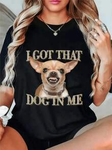 Camiseta retro americana de manga corta, camiseta casual de manga corta con cuello redondo para mujer con estampado gráfico 'I Got That Dog In Me', blusas casuales para dama, camisetas gráficas de algodón de talla grande, camiseta casual de talla grande para hombre, tops de verano, camiseta con estampado de dibujos animados. - Negro - Ver 6