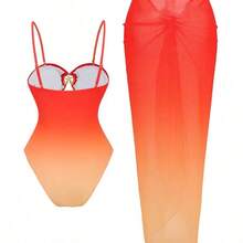 Swim Oasis 1 Piece Women's Hollow Metal Starfish Detail Removable Strap Wrap Chest One-Piece Swimsuit With Twist Design Printed Sheer Cover-Up Set, Summer Beach Vacation - Multicolor - Ver 8