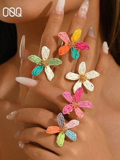OOQ 1pc Summer Minimalist Woven Flower Metal Adjustable Ring, Fashion Jewelry For Women, Suitable For Valentine's Day, Music Festival, Beach Vacation, Party, Gift For Loved Ones (Handmade Raffia Weaving, Random Shape)