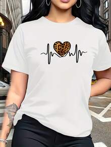 Camiseta suave 100% algodón con estampado de leopardo y patrón de corazón EKG, a la moda, cuello redondo, casual, versátil, de manga corta para mujer, adecuada para el ocio, viajes, vacaciones y otras ocasiones. Camiseta de algodón transpirable, combina con todo. - Blanco - Ver 6