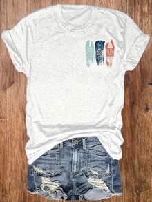 Graphic Print T-Shirt, Casual Short-Sleeved, Round-Neck Top For Summer And Spring, Women's Clothing - White - View 3
