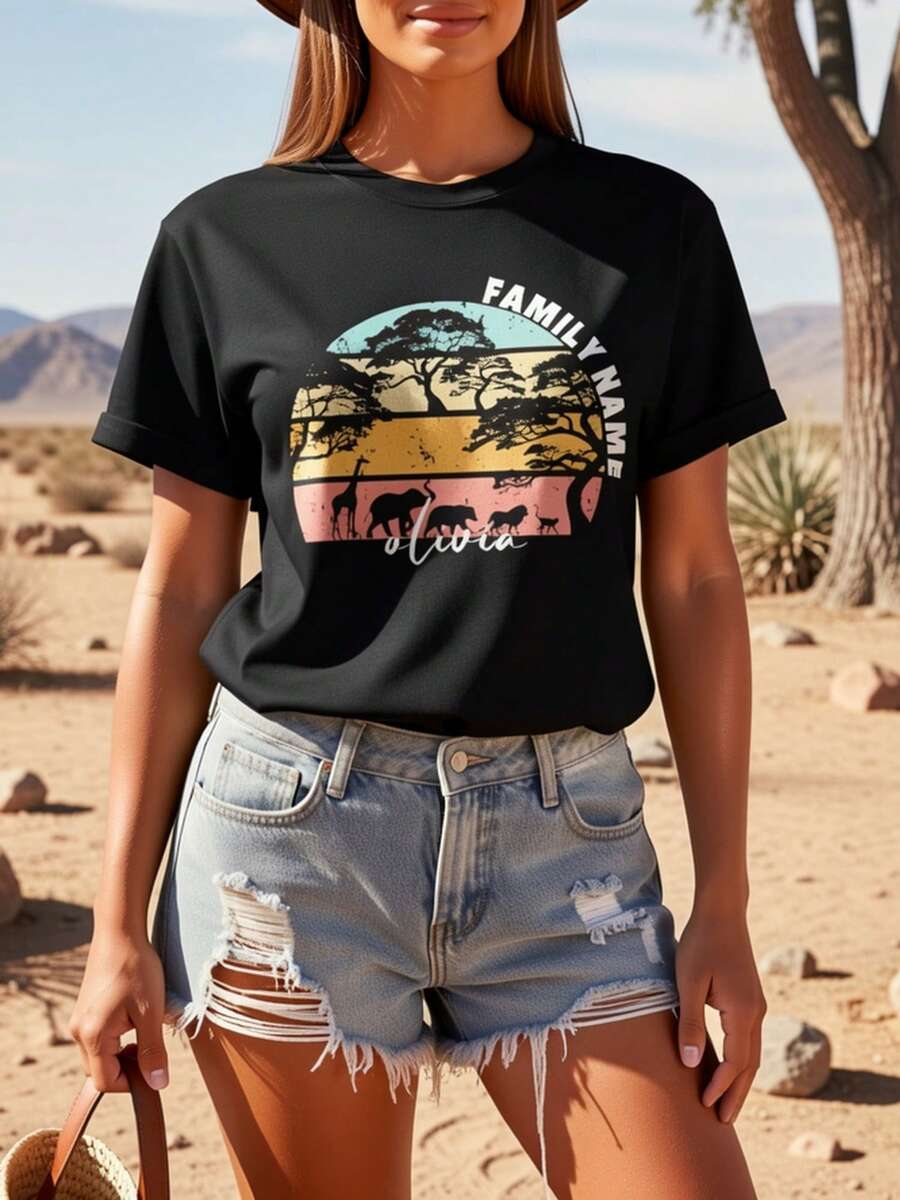 Camiseta Familiar Personalizada para una Aventura Africana, Camiseta de Safari Personalizada, Camiseta Vintage de Naturaleza, Camiseta de Viaje a África, Camiseta para Viaje Familiar a África, Camisetas con Nombre Personalizado - Negro - Ver 1