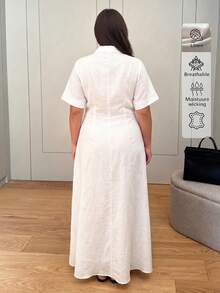 Plus Size Women Linen Elegant Vintage Style Casual Commute Minimalist Office Daily Linen Dress, Summer Dresses, Elegant Dresses For Women White - White - View 3