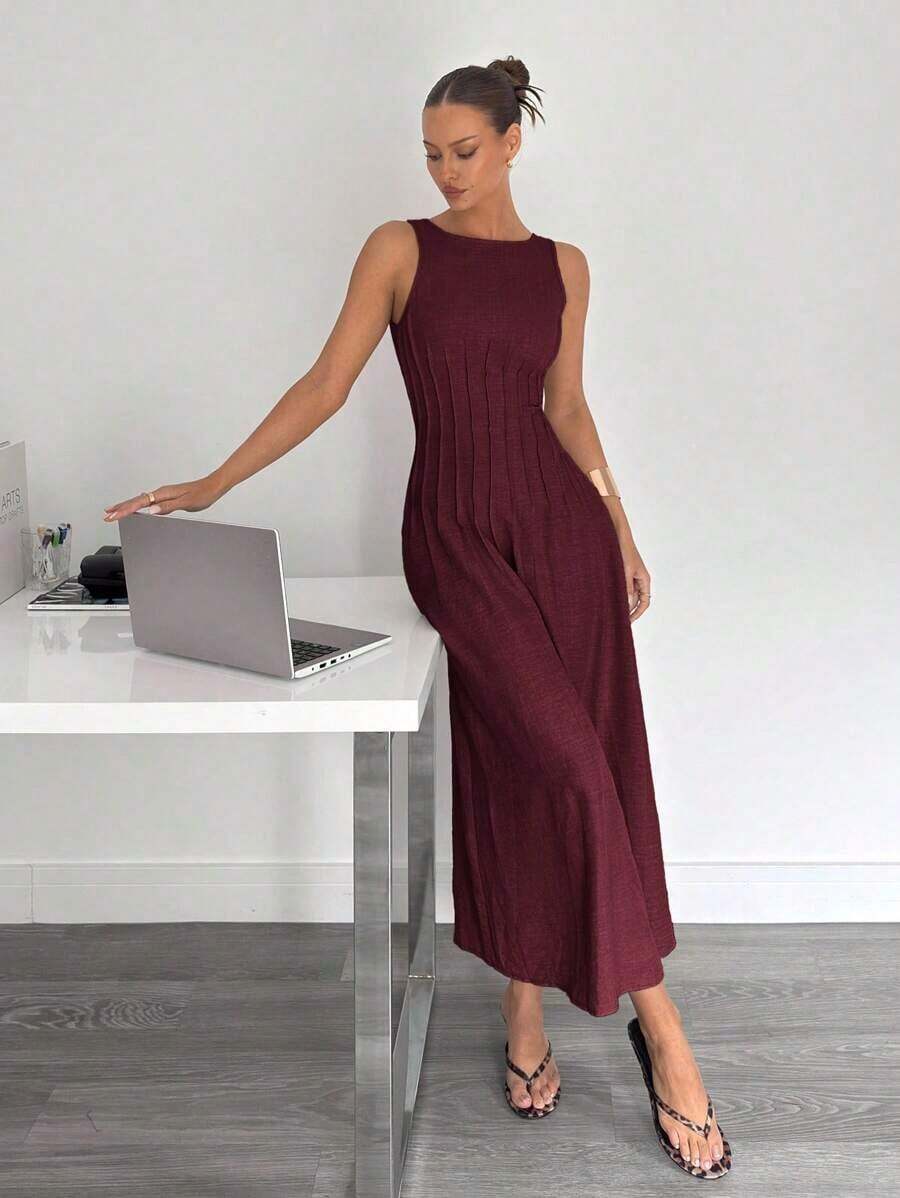 Nuevo vestido largo de verano con corte en la cintura y diseño fruncido, estilizador - Burdeos - Ver 1