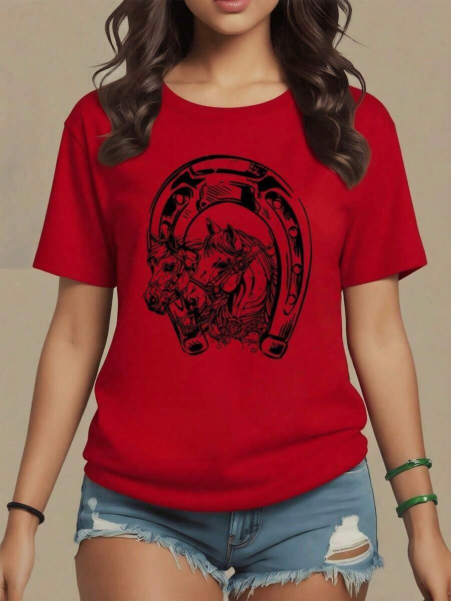 Two Horses Inside A Horseshoe Symbolize Strength And Good Fortune On Life's Journey. Women's T-Shirt, 100% Soft And Comfortable Cotton For Everyday Wear, Maija Women. - 紅色 - 查看 1