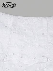 Aflion Chân váy midi nữ mùa hè màu trắng thêu lỗ, cạp cao, xếp tầng, kiểu dáng bồng bềnh, thích hợp cho cả kỳ nghỉ và sự thanh lịch. - trắng - Xem 5