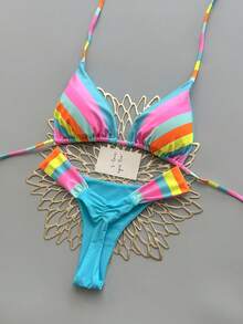 亮丽彩虹条纹比基尼套装，吊带上衣饰有荷叶边，休闲两件式泳衣，女士 - 淺藍色 - 查看 1