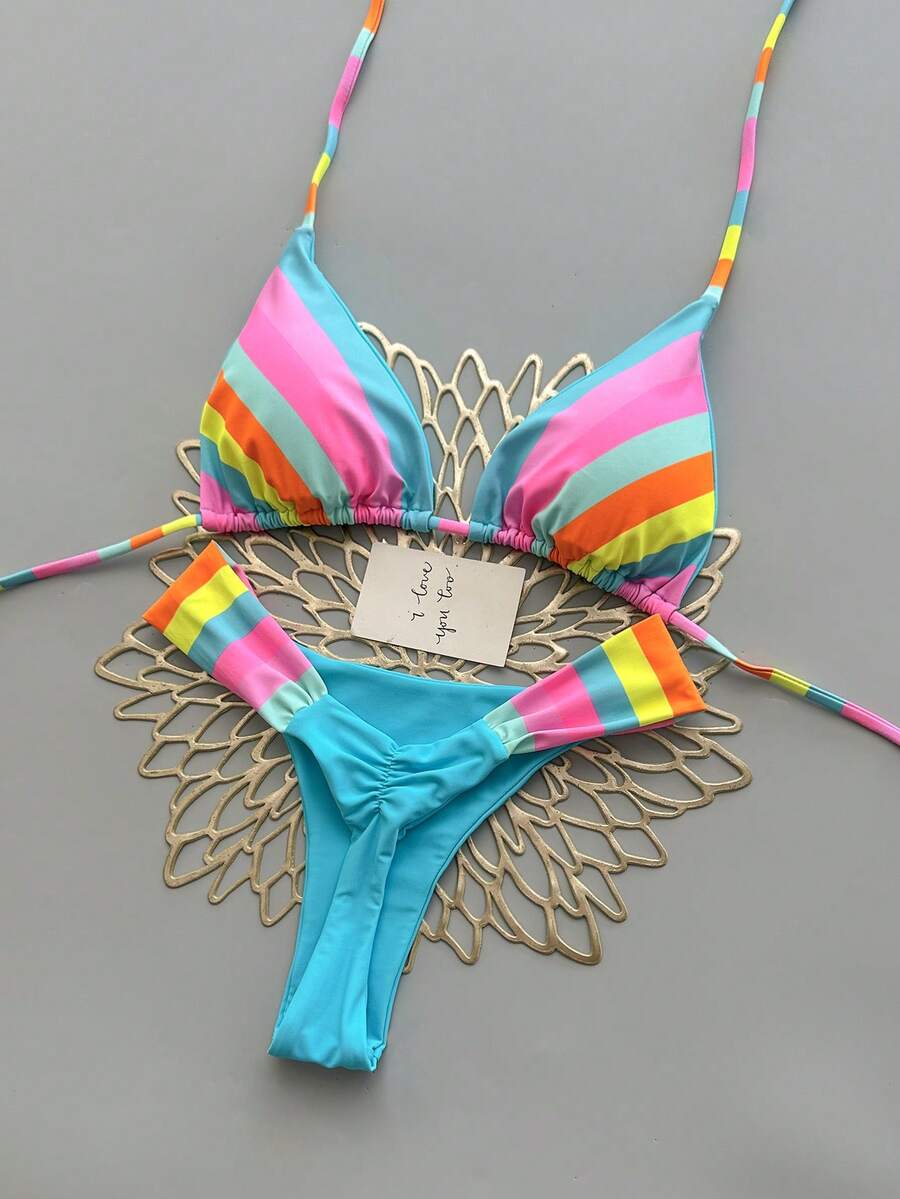 亮丽彩虹条纹比基尼套装，吊带上衣饰有荷叶边，休闲两件式泳衣，女士 - 淺藍色 - 查看 1