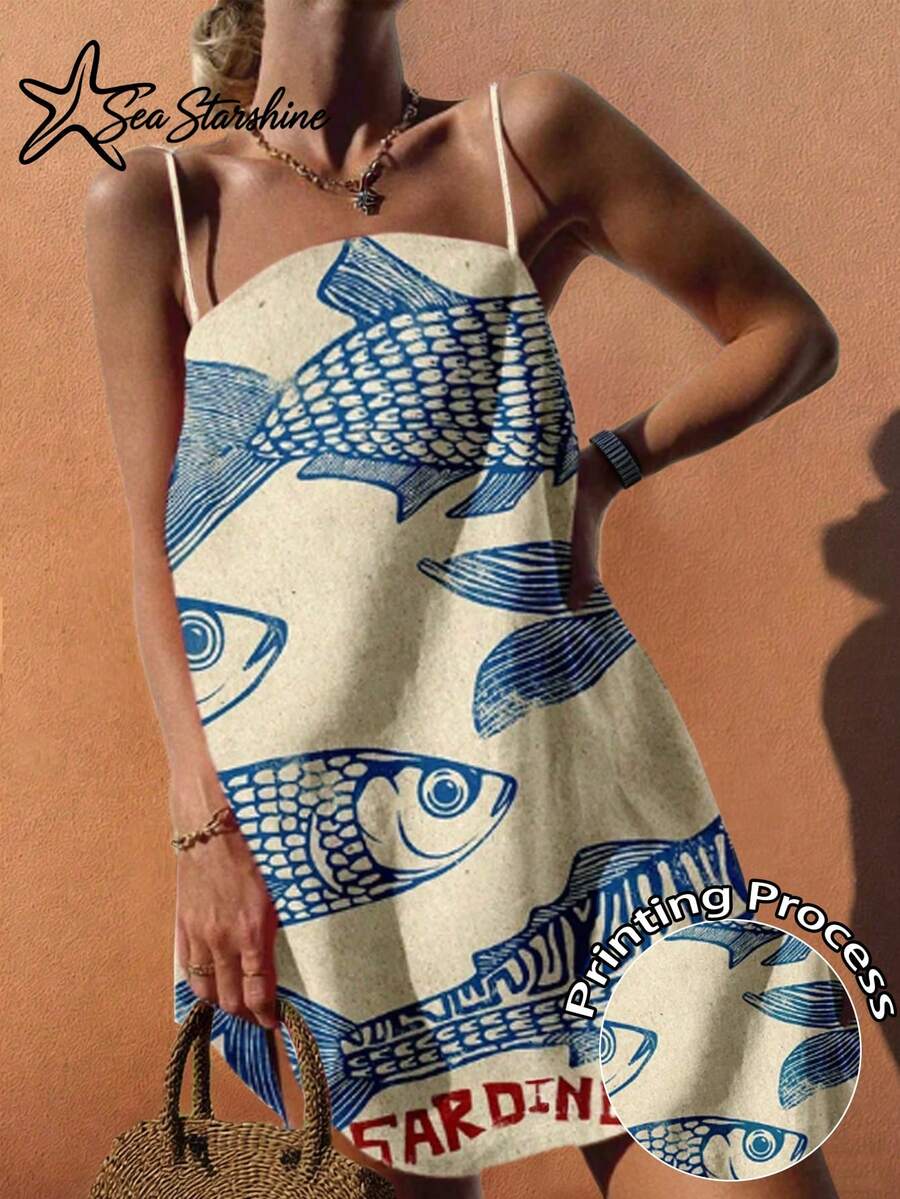 Đầm đi biển phong cách Bohemian họa tiết sao biển mùa xuân/hè, đầm mini chữ A không tay in hình cá mòi và chữ cái, bộ đồ dự tiệc brunch thanh lịch dành cho nữ.