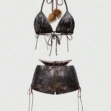 Hippie Country Y2K Sexy Lace-Up Fuzzy Bikini 2 Pieces Set For Women - Hồng - Xem 4