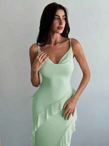 Vestido ceñido con tirantes finos, cuello drapeado y volantes para una cita romántica, para mujer.Vestidos de primavera/verano, regalo del Día de San Valentín, cita nocturna de San Valentín, "Sé mi Valentín", propuesta - Verde - Ver 4