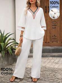 Conjunto casual de 2 piezas de camisa de manga 3/4 con cuello en V a rayas y pantalones para vacaciones de mujer - Blanco 2 - Ver 8