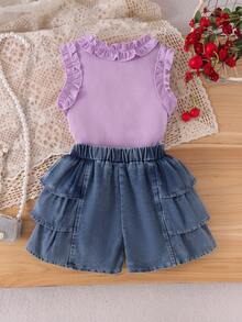 2pcs/Set Young Girl' Vintage Cute Frill Trim Cherry Embroidered Tank Top + Denim Skirt Summer Outfit - Lilac Purple - View 2