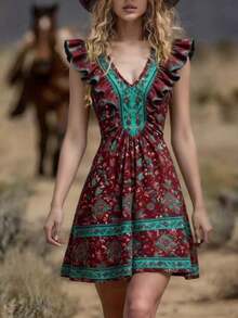 Women's Dress With Localized Print, New Spring-Summer 2026 Collection - Burgundy - View 1