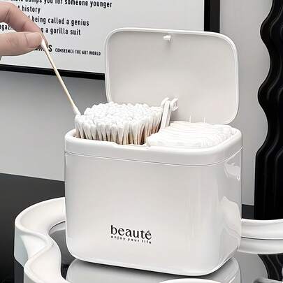Dustproof Flip-Top Cotton Swab Holder & Cotton Pad Dispenser, Multi-Grid Multi-Functional Makeup Organizer, Ins Style Cosmetic Storage Box With Tweezers For Vanity Bathroom Countertop