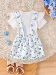 2pcs Baby Girl Cute Short Sleeve Ribbed Romper & Printed Overall Shorts Set, Thin Summer - Blue and White - View 3
