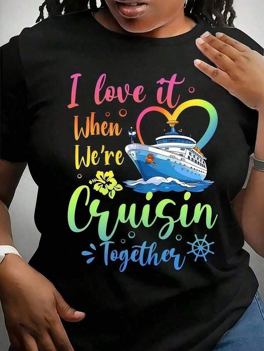 Camiseta de Mujer con Estampado de Barco de Crucero, Camiseta Unisex Casual de Cuello Redondo, Tejido de Punto Ligero de 180 g/m², Lavable a Máquina, Para Primavera/Verano/Otoño, Día de San Valentín, Vacaciones de Verano, Día de los Caídos - Negro - Ver 1