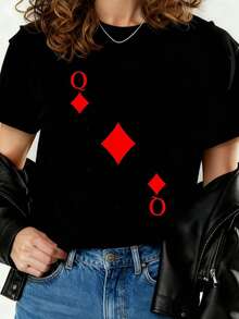 Camiseta de póker de reina de diamantes de cartas de juego, disfraz de carnaval, camiseta impresa para mujeres 2026, camiseta de otoño para mujeres, camiseta de invierno, camiseta de para mujeres YJH4 - Negro - Ver 1