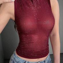 Camiseta ajustada de mujer de unicolor, con malla de cristales, transparente y sexy, para uso casual en verano - enfermarse - Ver 4