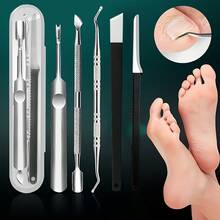 Bộ dụng cụ chăm sóc chân và tay 5/7 món, bao gồm: dụng cụ loại bỏ chai sần, kim lấy mụn đầu đen, dụng cụ đẩy biểu bì, dũa móng, dao cắt chai sần, thìa làm sạch rãnh móng. Bộ dụng cụ đa năng dùng để loại bỏ da chết, chai sần, móng mọc ngược, làm sạch rãnh móng. Chất liệu thép không gỉ, bền chắc, thích hợp cho việc chăm sóc chân và tay tại nhà. - Nhiều màu - Xem 8