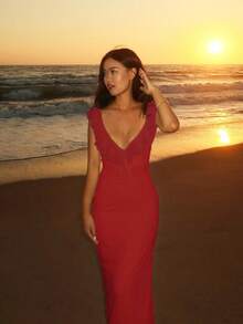 Fashionable Fitted Dress For Women With Sexy Ruffles And Laces - Red - View 1