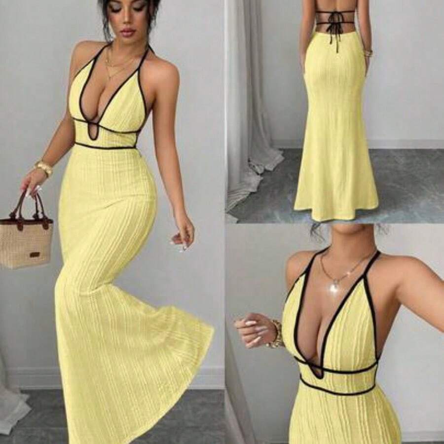 Raffinéa Women's Textured Bodycon Camisole Dress, Sexy Vacation/Date Night Outfit, Black Trim, Spring/Summer - Amarillo claro - Ver 1