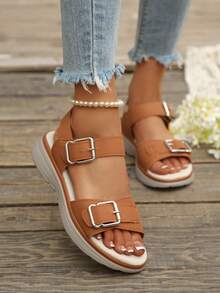 1 Pair Summer New Buckle Sandals, Sporty Style Wedge Heel, Lightweight Hook And Loop, Thick Sole Anti-Slip, Casual Versatile Beach Shoes - Khaki Buckle - View 5