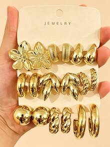 6/18pcs Set Thick Gold Tone Earrings Set, Low Allergy Thick Gold Tone Earrings For Women, Fashionable Earrings Set With Multiple Elements, Made Of ABS Resin, Lightweight And Easy To Carry, UV Plated Gold, Non-Fading - Gold - View 7