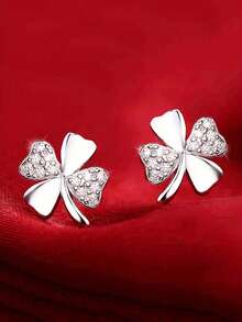 1 Pair S925 Sterling Silver Elegant Lucky Four-Leaf Clover Earrings, Meaning Good Fortune, Paired With Delicate Synthetic Zirconia Inlays, Low-Key Luxury, Low Allergy, Gentle And Atmospheric For Girl's Daily Wear, Vacation, Music Festival - Four-leaf Clover - View 8