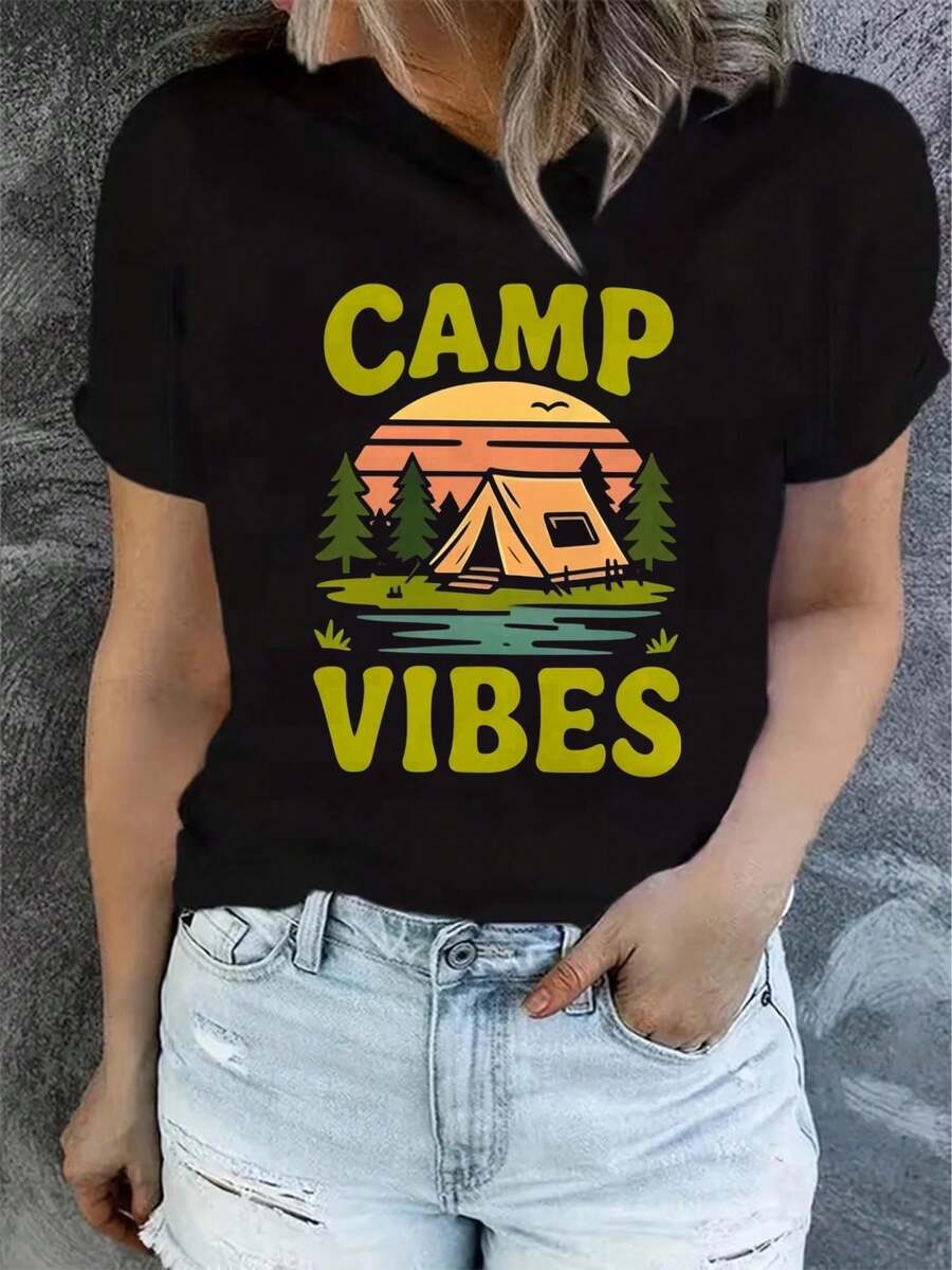 1 Women's Summer Short Sleeve T-Shirt With Print, Modern And Casual, Machine Washable, Comfortable Fit, 2D Flat Print, 180g, 100% Cotton. - 黑色_02 - 查看 1