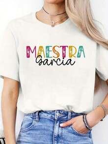 1 Piece Of Women's Short-Sleeved, Crew-Neck Athletic T-Shirt With Spanish Lettering Print, For Casual Spring And Summer Wear. | Relaxed Fit | 180g 100% Cotton - White - View 7