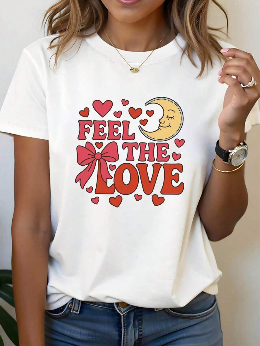 Talla, camiseta de mujer de talla con estampado gráfico FEEL LOVE, manga corta, cuello redondo, top casual para verano y primavera, ropa de mujer - Blanco - Ver 1