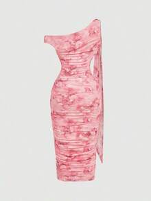 Vestido de longitud media con hombro asimétrico ajustado, fruncido y decoración de hebilla metálica para mujer - Rosa 2 - Ver 2