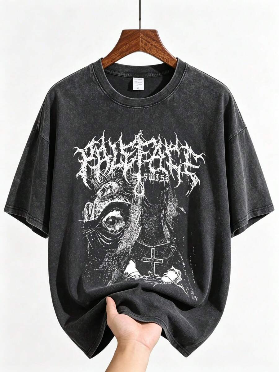EWH Men's T - Shirt, Heavy Metal Style, Paleface Band Graphic, Loose Fit, Short Sleeved, Top DG004 - 黑色 - 查看 1