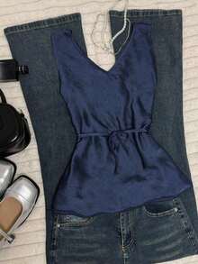 Camiseta sin mangas de moda casual con cuello en V y lazo frontal para mujer - Azul marino - Ver 2