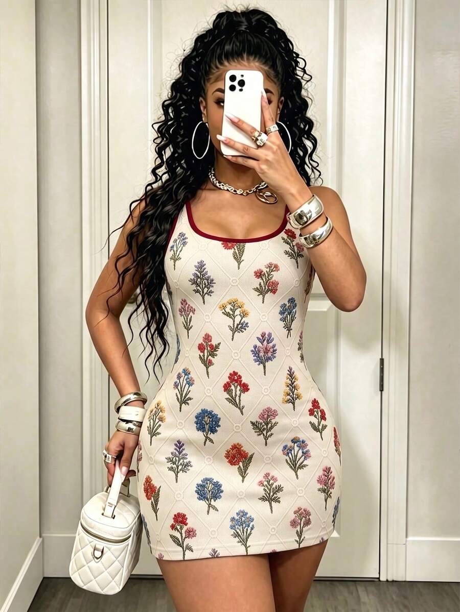 DVSLOE 女款性感優雅波西米亞花卉無袖背心洋裝，適合春夏出遊、街頭風與派對