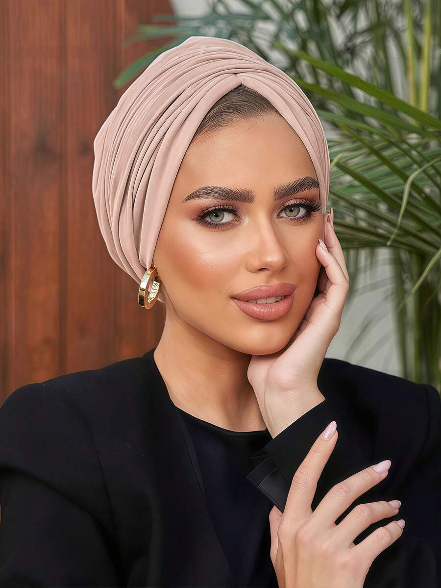 1pc Women's Classic Solid Color Chemo Turban, High Elasticity Pleated Design, Anti-Slip Breathable Headwrap, Multilayer Pleated Style For Hijab, Soft Comfortable Viscose Knit Fabric, Suitable For Daily Wear