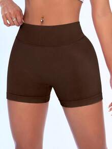 Short cycliste de yoga TCVC pour femmes, sans couture, taille haute en V, effet fesses sculptées, sport - Marron - Voir 3