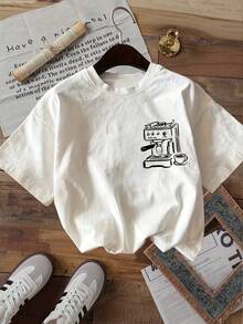 2026 New Casual Round Neck T-Shirt, Summer Staple [Double-Sided Print] Women's Fashion Top, Women's Summer Wear, Simple Style, Coffee Machine, Coffee Cup, Line Art Print, Round Neck Pure Cotton Short Sleeve T-Shirt, Soft Crew Neck Short Sleeve, Daily Wear - 粉紅色 - 查看 9
