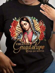1 Piece Of Women's Shirt With Religious Print Of The Virgin Of Guadalupe, Catholic Faith Symbol Design For Prayer, Outdoor Activities And Casual Wear, All-Season Style, Sporty Short Sleeves, 210g 100% Cotton, All Patterns Are Printed. Unisex. - 黑色 - 查看 12