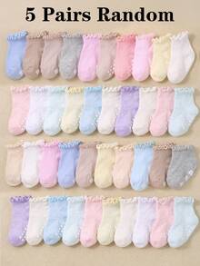 20/15/10/5/1 Paire de chaussettes mi-mollet à volants aléatoires pour bébés filles, tissu en maille cœur confortable, respirant, doux et élastique, chaussettes à semelle antidérapante en silicone cœur, convient pour les bébés filles de 0-36 mois, chaussettes de princesse, chaussettes de marche intérieure, style dopamine de couleur claire convient pour l'été, s'accorde avec diverses tenues, convient pour le port quotidien, les cadeaux et les fêtes d'anniversaire - Multicolore - Voir 12