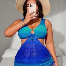 Swim  Plus Size Women's 2pcs Ombre Halter Waist Hollow Out Drawstring Split Swimsuit Set - Azul - Ver 1