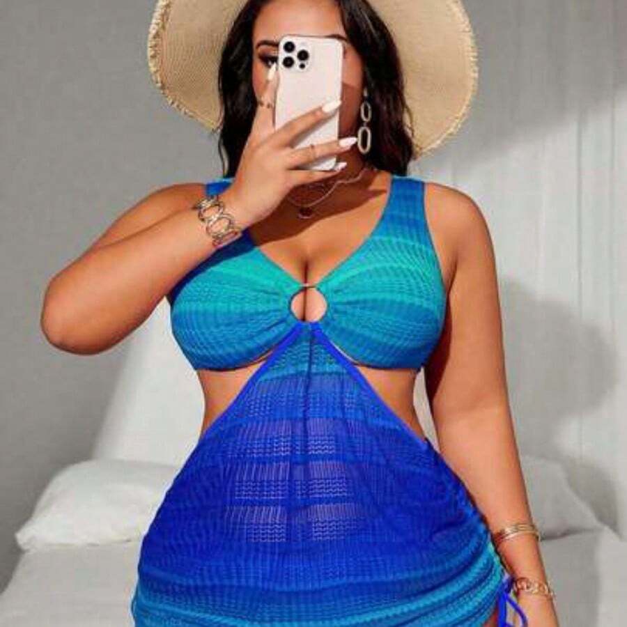 Swim  Plus Size Women's 2pcs Ombre Halter Waist Hollow Out Drawstring Split Swimsuit Set - Azul - Ver 1