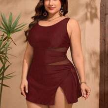 Swim Lushoire Plus Size Women's High-End Solid Color Splicing Mesh Wide Strap Slit Elegant Summer Beach Vacation One-Piece Swimsuit - Burdeos - Ver 1