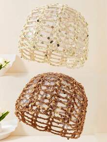 2 chiếc mũ len móc thủ công mỏng nhẹ, khoét lỗ, đính sequin dành cho nữ, phù hợp với phong cách bohemian, đi biển, du lịch, mặc hàng ngày, mùa xuân và mùa thu. - A - Xem 7