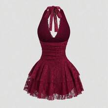 Petite Women's Red Sleeveless V-Neck Lace Patchwork Sexy Mini Dress Bachlorette Party Dress Red Lace Dress - Burdeos - Ver 5