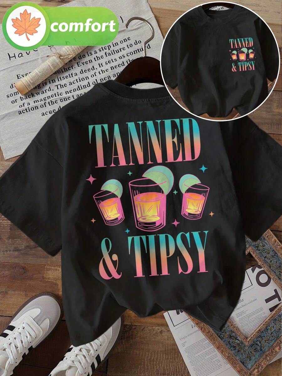 [Double-Sided Print] Women's Summer Clothing, Women's Short Sleeve, Vintage Style, Cup, Lime, TANNED& TIPSY Printed Round Neck Short Sleeve T-Shirt,Ca - 黑色 - 查看 1