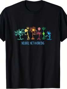 Camiseta casual de cuello redondo con diseño de patrón de cerebro de red neuronal, adecuada para entusiastas de la tecnología, estudiantes y como regalo de informática. Es lavable a máquina y adecuada para atuendo casual y para todo el año - Negro - Ver 6