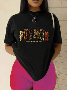 Camiseta estampada de talla grande, camiseta estampada de temporada de calabazas, top casual holgado de otoño, camiseta de manga corta con cuello redondo para mujer, atuendo para fiesta de Halloween. - Negro - Ver 7