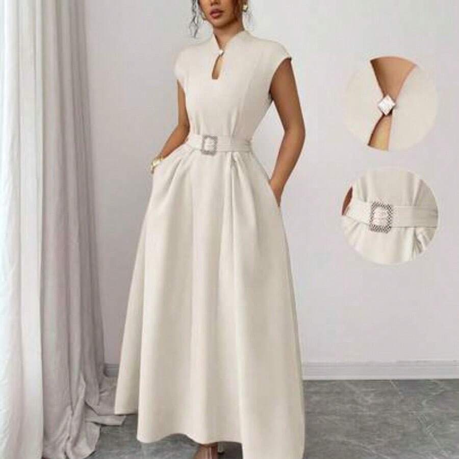 Elenzya Women's Elegant Casual Midi Dress With Romantic French Sicily Inspired Design, Suitable For Commute, Vacation, Afternoon Tea, Valentine's Day Party, Featuring Sweetheart Neck, Waist Tie Belt, Flared Hem, And Pockets, Spring/Summer - Albaricoque - Ver 1
